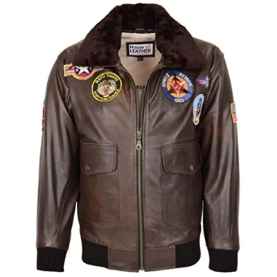 Image of Mens Real Leather Bomber Jacket Air Force Pilot Style Lester Brown (S)