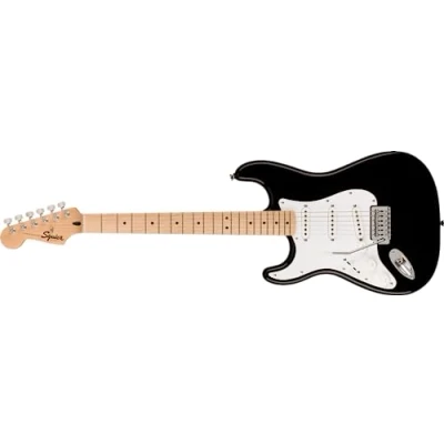 Image of Squier by Fender Sonic Stratocaster Electric Guitar, Left Handed, Maple Fingerboard, White Pickguard, Black, Comes with Free Virtual Lessons