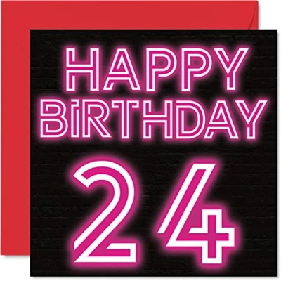 Image of Fun 24th Birthday Cards for Men Woman Neon Glow Happy Card Son Daughter Brother Sister Uncle Auntie Niece Nephew Cousin, 145mm x Greeting Cards,