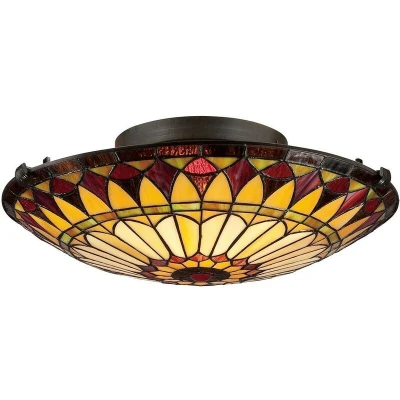 Image of West End 2 Light Flush Ceiling Vintage Bronze, Tiffany Glass, E27