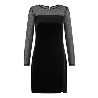 Image of Yumi Womens Black Velvet Dress With Sheer Long Sleeves Size 8 UK