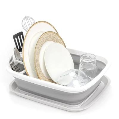 Image of SAMMART 8L Collapsible Plastic Dish Drainer with Board Foldable Drying Rack Set Portable Dinnerware Organizer Space Saving Kitchen Storage Tray (White/Grey, 1)
