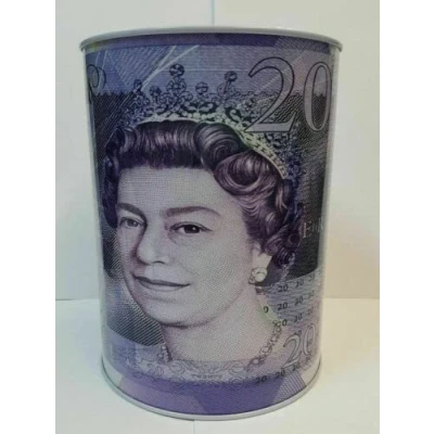 Image of £20 Pound Money Tin Can Box With Printed Piggy Bank Note For Saving Cash. (Large)…