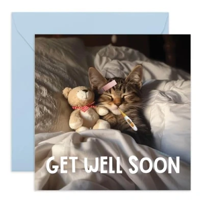 Image of Central 23 Get WELL SOON Greeting Card &#039;GET CAT&#039; Perfect for Sending Warm Wishes With a Cute Feline Twist Ideal Cat Lovers in Need of Some Cheer &amp; Comfort Comes Stickers