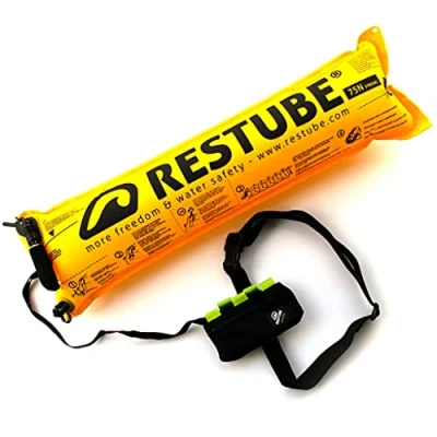 Image of Restube Extreme Wild Swimming Safety Buoy for Use in Rough Conditions Open Water Buoyancy Aid Swimmers, Surfers &amp; Lifeguards One Pull Inflatable Mechanism with Whistle, lime green, s