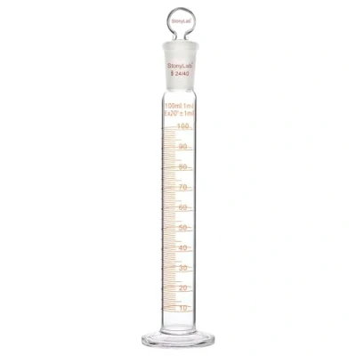 Image of stonylab Measuring Cylinder with Stopper, 100 ml Heavy Wall Borosilicate Glass Graduated 24/40 Standard Ground Joint and Flat Head 1 Pack