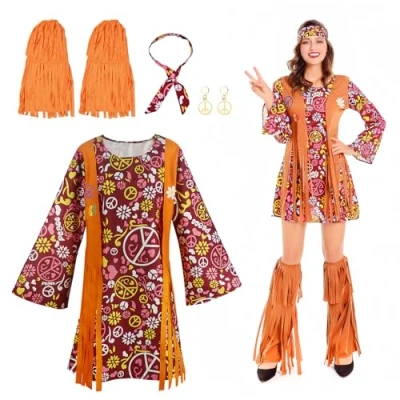 Image of Bezavea Hippie Costumes Clothes, 60s 70s Disco Fancy Dress Women, Costume Outfits, Up Rockstar Hippy, Accessories Clothes 60s, Halloween for Women (XL)