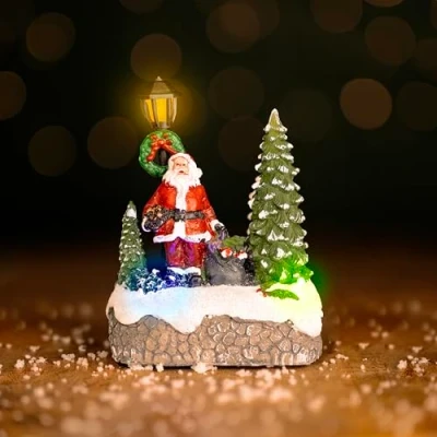 Image of HomeZone Christmas Carol Santa Musical Scene Ornament Decoration With Colour Changing LED Fairy Lights And Sounds Battery Operated