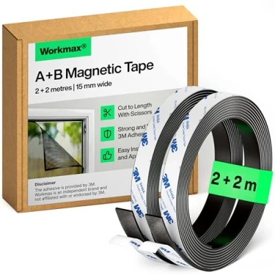 Image of WORKMAX® A+B Magnetic Tape for Fly Screens and Mosquito Nets (2+2 m) Cut to Fit Strip Strips Self Adhesive Roll with Backing