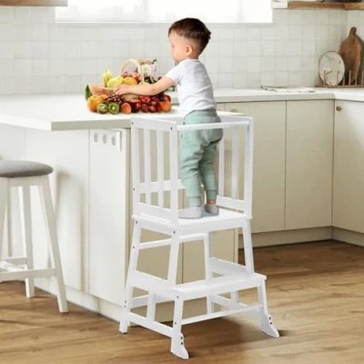 Image of COSYLAND toddler Kitchen Step Stool Tower Nursery for Kids Toddlers Children,Standing Counter, Mothers&#039; Helper Learning Stool,Made of Natural Solid Bamboo White