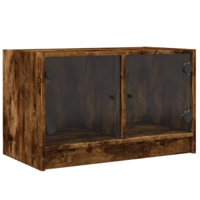 Image of vidaXL TV Cabinet with Glass Doors Engineered Wood Media Unit in Smoked Oak, Modern Living Room Entertainment Stand, 68x37x42 cm, 80kg Capacity