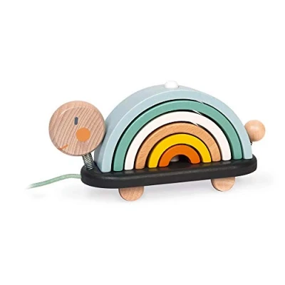 Image of Janod Wooden Sweet Cocoon Rainbow Turtle Original Early Learning Game, 6 Stackable Arcs Of Circles 1st Learnings to Pull Toy, Water Based Paint from 18 Months Old, J04405