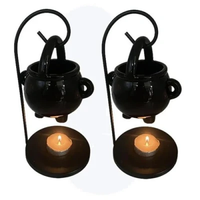 Image of Manolyee Hanging Cauldron Wax Burner 1/2 Halloween Ornaments Burner,Ceramic Melt Burner,Tea Lights Candles Witches Warmer Diffuser Ceramic