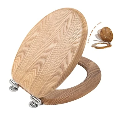 Image of Angel Shield Antibacterial Wooden Soft Close Toilet Seat with Quick Release Adjustable Hinges Easy Clean and Assembly for Bathroom 45 x 37 5.6 cm (Solid Oak)