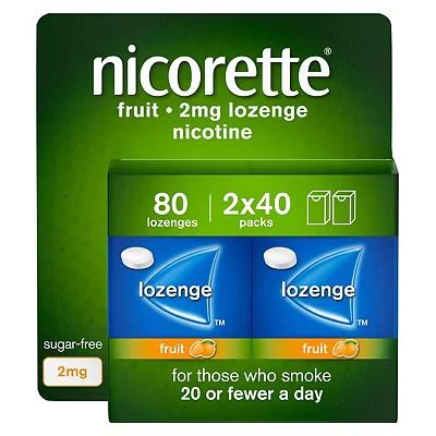 Image of Nicorette Fruit 2mg Lozenge, 80 Lozenges (2 x 40 Packs), Effective and Discreet Quit Smoking Aid for Cigarettes, Nicotine with Dual Layer Fruity Flavour Release