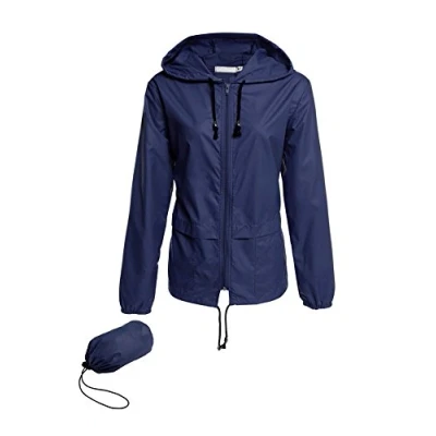 Image of Summer Coat Rainwear Packaway Outdoor Hooded Handy Jackets Lightweight Lovely Color Windbreaker Navy Blue M