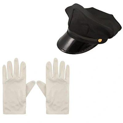 Image of Wicked Fun® Unisex Chauffeur Cap Limo Taxi Driver Hat White Gloves Fancy Dress Kit