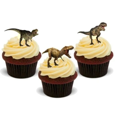 Image of Dinosaur T Rex Mix 12 Edible Stand Up Premium Wafer Card Cake Toppers Decorations