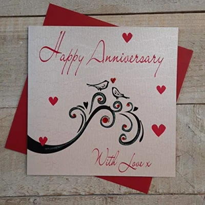 Image of white cotton cards Happy Handmade Anniversary Card (Love Birds)