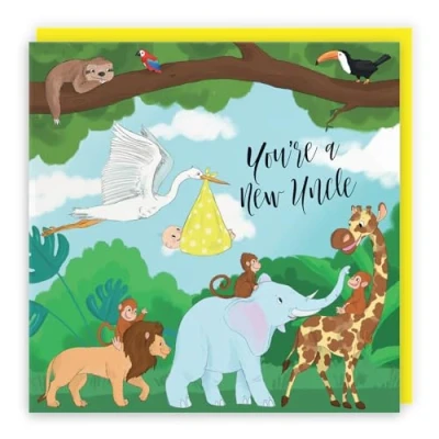 Image of Hunts England New Uncle Congratulations Baby Card Stork Holding Yellow You&#039;re A Boy Girl Niece Nephew Jungle Collection