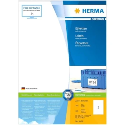Image of HERMA Self Adhesive Multipurpose Labels, 1 Label per A4 Sheet, 100 Sheets, 210 x 297 mm, Blank Universal Labels Stickers, Sticky for Laser &amp; Inkjet Printer, White