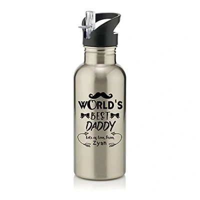 Image of Personalised World&#039;s Best Daddy Fathers Day Moustache/Bow Love ANY NAME Funny Gift for Dad Birthday Stainless Steel 600ml Water Bottle with Straw. (Natural Silver)