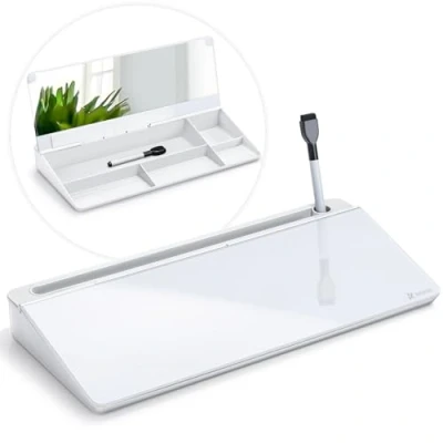 Image of Varhomax Glass Desk Whiteboard with Built in Mirror, Desktop Dry Erase White Board Storage, Buddy to Do List Memo Notepad for Home and Office