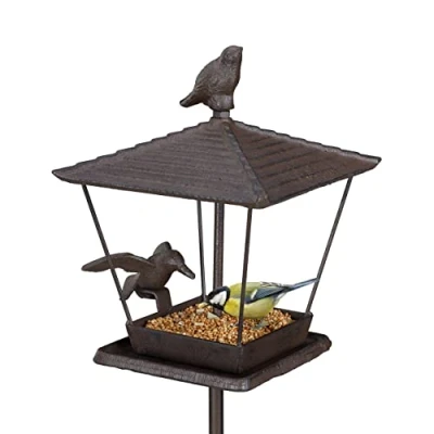 Image of Relaxdays Bird Feeder with Ground Spike, Cast Iron, Feeding Station, HWD: Approx. 115 x 15 16 cm, Birdhouse, Brown