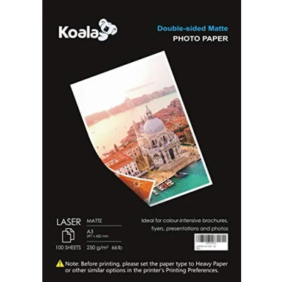 Image of KOALA Double Sided Matte Laser Photo Paper A3, 250gsm, 100 Sheets. Suitable for Printer, Printing Photos, Brochures, Covers, Certificates, Booklets, Flyers, Leaflets, Cards, Calendars