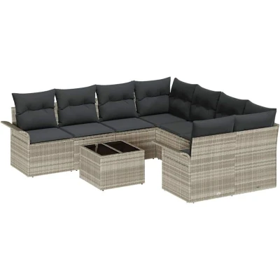 Image of vidaXL 9 Piece Garden Sofa Set with Cushions Light Grey Poly Rattan