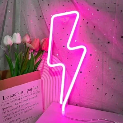 Image of Cloud Neon Sign, Lightning Lights, LED Light Signs for Wall Decor, Battery or USB Powered Decorative Lights Bedroom,Party,Birthday Gift (Pink Lightning)