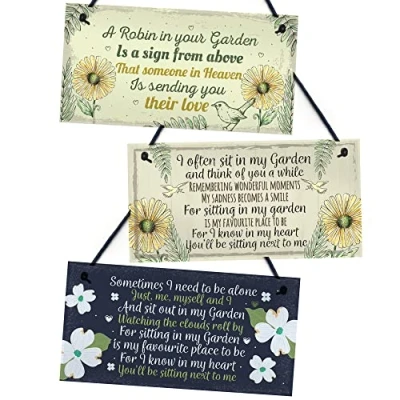 Image of Red Ocean Garden Memorial PACK OF 3 Hanging Signs For Outside, Remembrance Plaques Garden, Shed Signs, Gifts Mum Dad Nan Grandad
