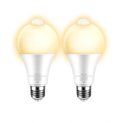 Image of MDLITIN PIR Motion Sensor Light Bulb, 12W E27 Screw, 100W Equivalent, 3000K Warm White, Security Lighting for Front Door, Hallway, Basement (2 Pack)