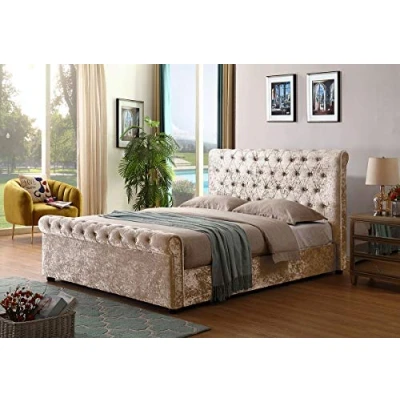 Image of Luxury Crushed Velvet Sleigh Style Tufted Diamante Diamond Chesterfield Ottoman Storage Gas Lift Up Bed Frame By CosyWinks® Mink 4ft
