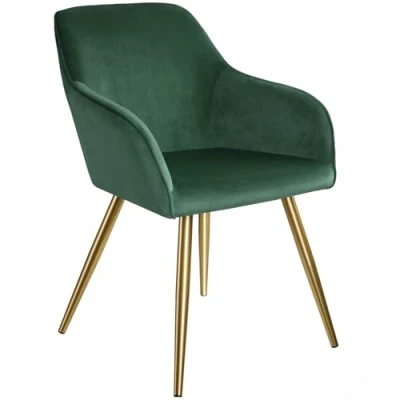 Image of TecTake® Dining Chair in Velvet Look with Gold Steel Legs, Stable &amp; Thickly Padded Armchair, Ergonomic Design Easy Assembly Ideal as Dining, Living Room, Bedroom Office Dark Green/Gold