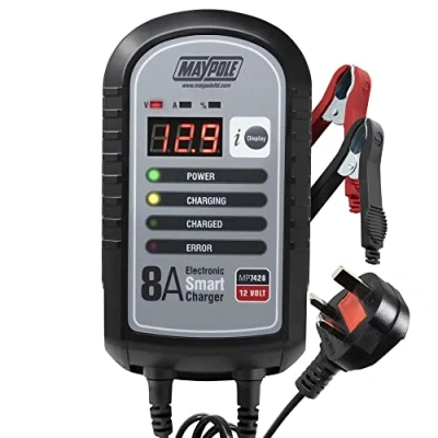 Image of Maypole 8A 12V Electronic Smart Car Battery Charger Fully Automatic 9 Stage Charging Cycle Lead Acid AGM Van Caravan Motorhome Tractor, Red/Black