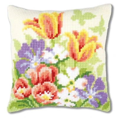 Image of Vervaco Spring Flowers Cross Stitch Cushion, Multi Colour