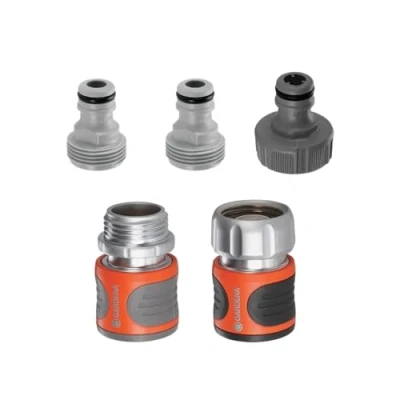Image of Gardena 18271 80.000.00 5 Piece Quick Connector Premium Starter Set for Any 5/8 Inch or 1/2 Garden Hose, Sprinkler Spray Nozzle, Made in Germany, Orange/Black/Grey