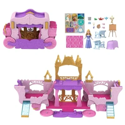 Image of Mattel Disney Princess Carriage to Castle Transforming Playset with Aurora Small Doll, 3 Levels, 6 Play Areas, 4 Figures, Furniture &amp; Accessories, HWX17
