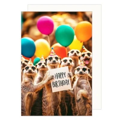 Image of Edition Seidel Premium Birthday Card with Envelope. Greeting Happy for him or her Friend Boy Girl Meerkat Colourful Balloons funny humour (G3564 SW024)