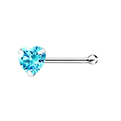 Image of The Goldmine 925 Sterling Silver Nose Stud with 3mm CZ Heart, short Ball Shape End Pin (Aqua)
