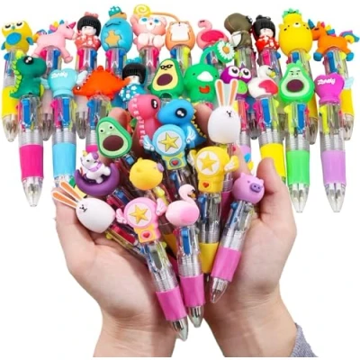 Image of KAHEIGN 32Pcs Cartoon Ballpoint Pen, 4 in 1 Multicolor Pen 10CM Retractable Cute 0.7mm Thick Point for Office School Supplies Students Children Gift Party Bag Fillers