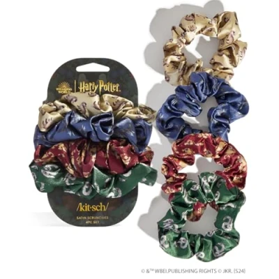 Image of Harry Potter x Kitsch Satin Scrunchies Softer Than Silk, Damage Free Hair Ties for Girls and Women, Featuring All House Crests Accessories Types, Ideal Daily Use Set of 4