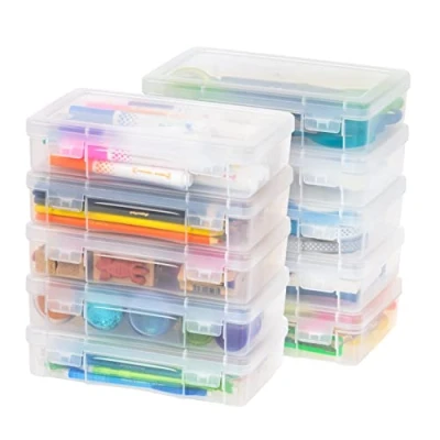 Image of IRIS USA Plastic Pencil Case Box Craft Hobby Art School Supply Storage Organizer Container with Latching Lid, 10 Pack, for Bead Pens Ribbons Wahi Tape Sticker Yarn Ornaments, Stackable, Clear, Medium