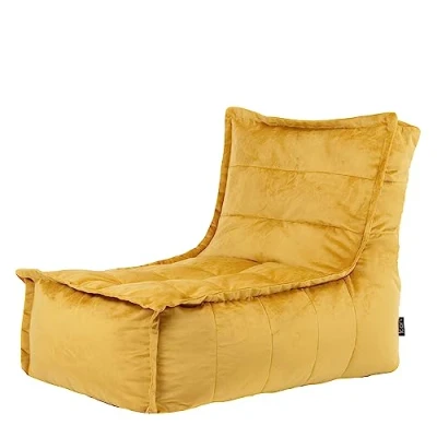 Image of icon Dolce Velvet Lounger Bean Bag Chair, Ochre Yellow, Giant Beanbag Large Bags for Adult with Filling Included, Chaise Longue