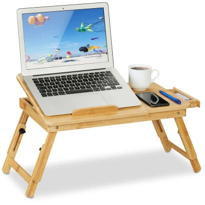 Image of Relaxdays Laptop Stand, for Bed &amp; Couch, Bamboo, Foldable, Height Adjustable, Tiltable Tray, with a Drawer, Natural, 49 x 61 30 cm