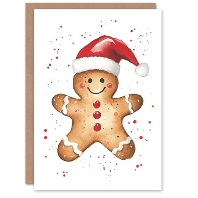 Image of Artery8 Cute Santa Hat Gingerbread Man Blank For Him Or Her Art Xmas Festive Christmas Card