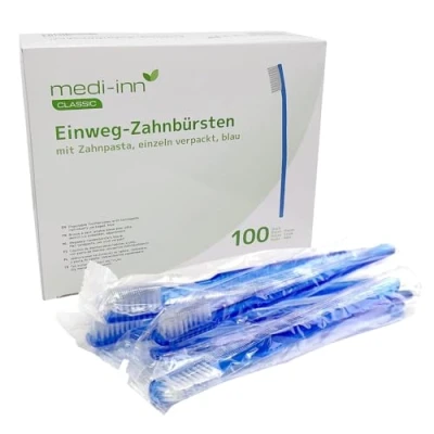 Image of Medi Inn 100 Disposable Toothbrushes + Toothpaste Bulk Box Indivdually Wrapped by