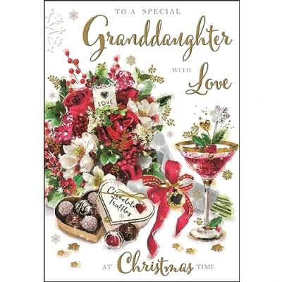 Image of Jonny Javelin Special Granddaughter Christmas Card Floral Bouquet, Chocolates and Cocktails Embossed with Foil Flitter Details