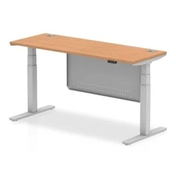 Image of Air 1600x600 Height Adjustable Desk Oak CP Silver Leg Modesty Panel